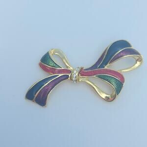 Vintage Multicolor Enamel Bow Brooch Rhinestone Gold Tone Ribbon Pin Jewelry